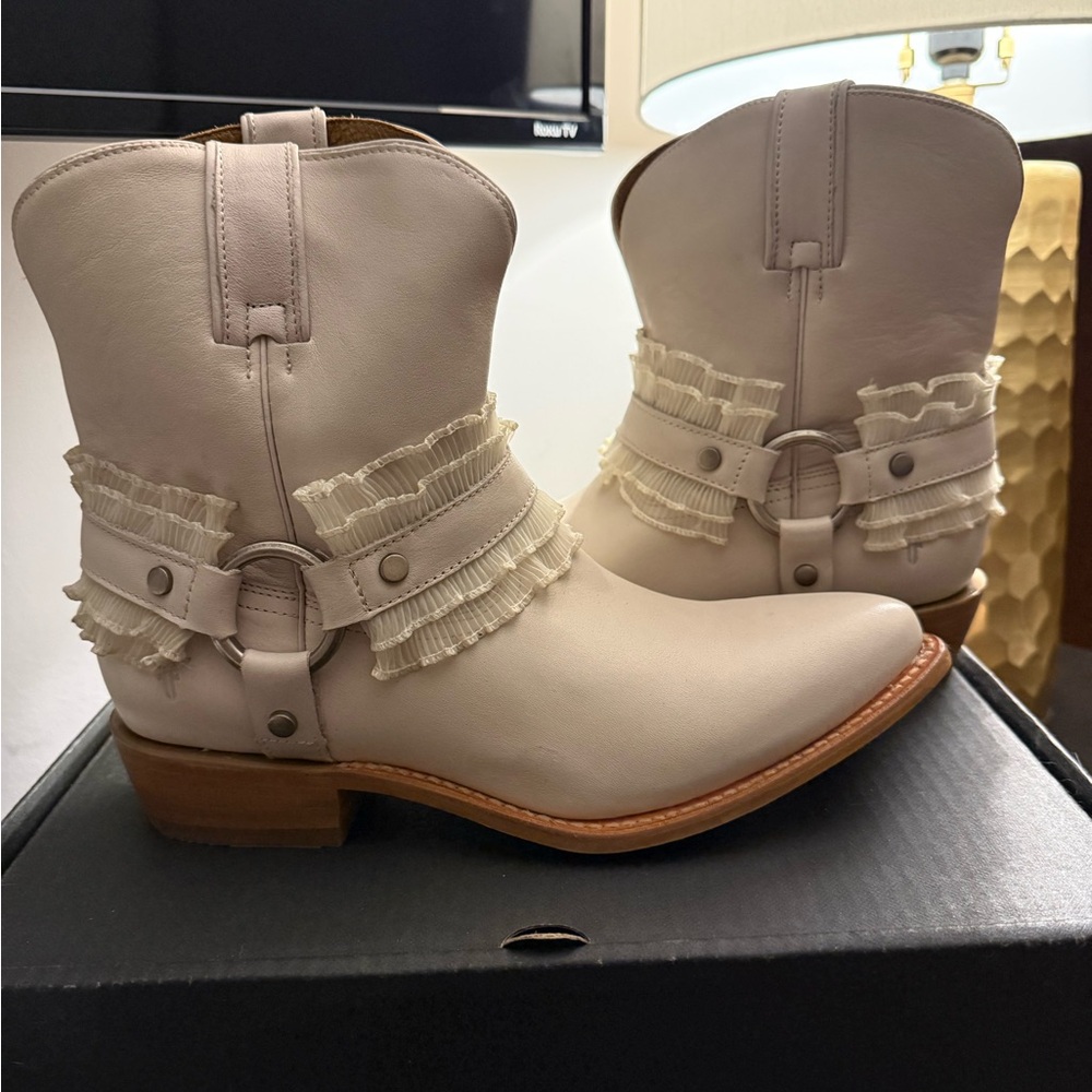 Frye Cream Ruffle Harness Ankle Boots